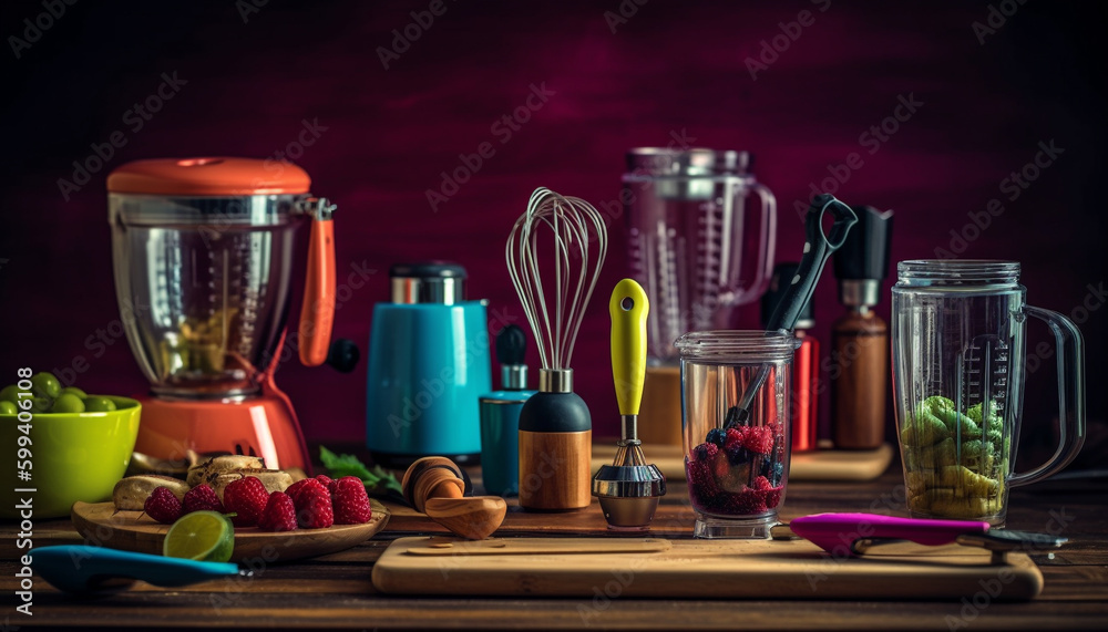 Fresh fruit and berry milkshake preparation indoors generated by AI