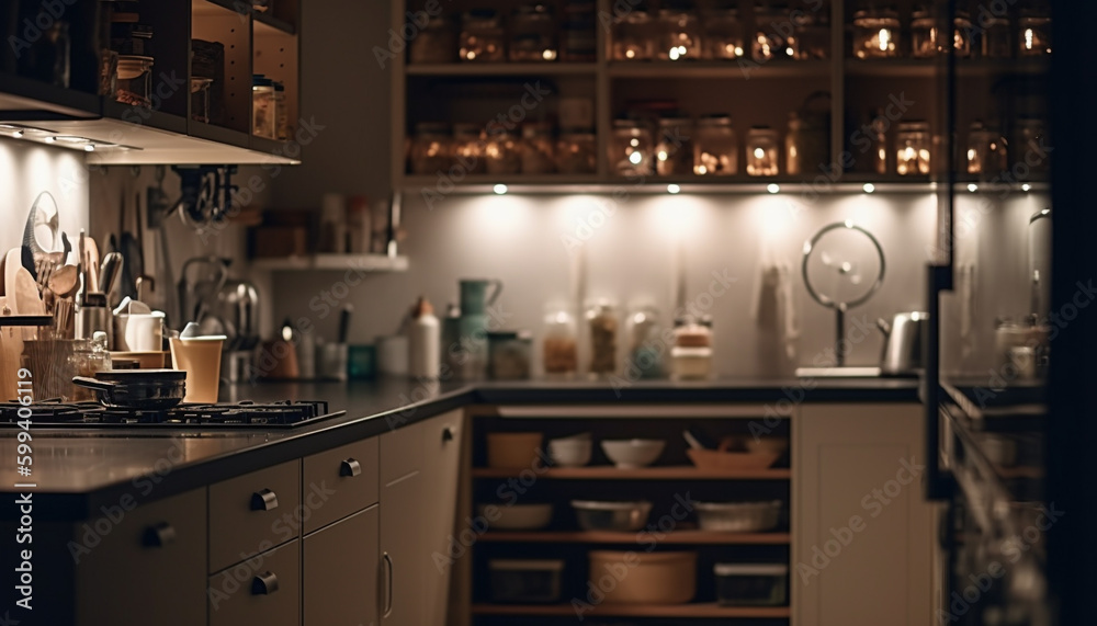 Modern kitchen shelf with cooking equipment illuminated generated by AI