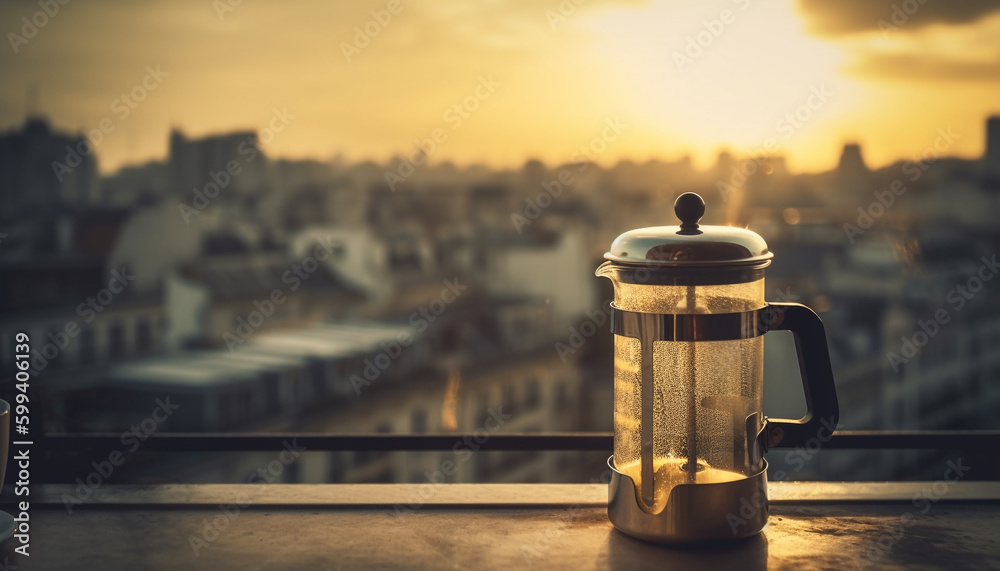 Coffee cup on table, cityscape sunset background generated by AI