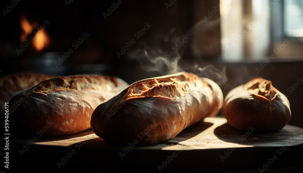 Freshly baked rustic bread on wooden table generated by AI