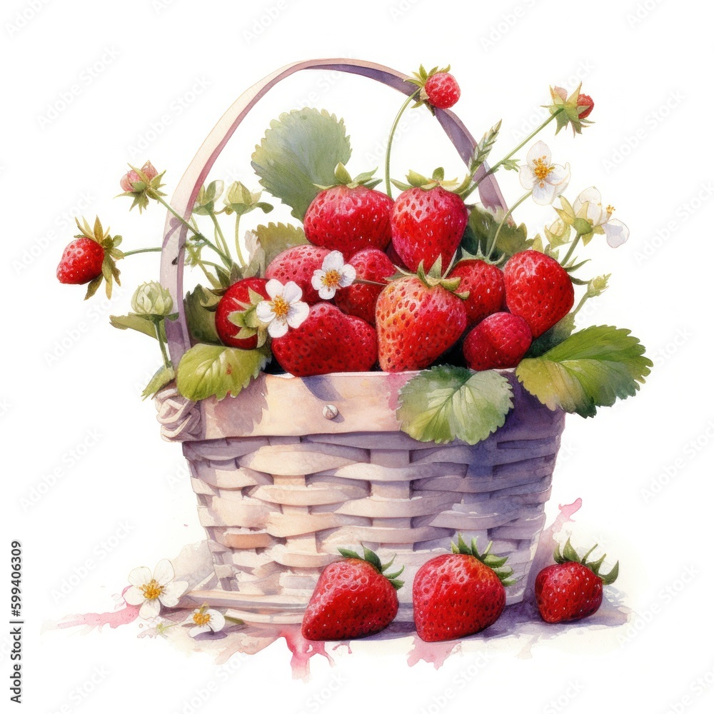 Watercolor strawberries in basket. Illustration AI Generative.