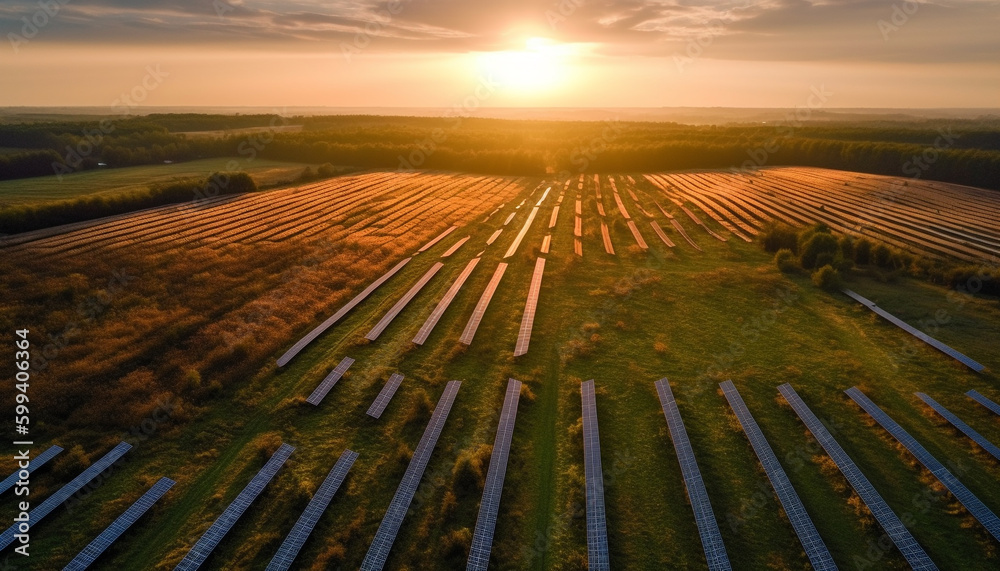 Sunset over rural farm, nature growth displayed generated by AI