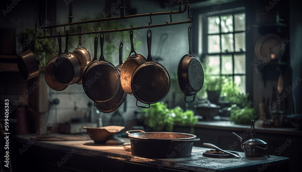 Rustic kitchen utensils on wooden table indoors generated by AI