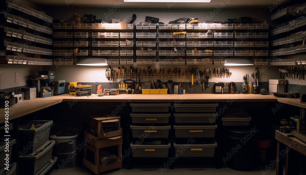 Wooden shelf in workshop holds carpentry tools generated by AI