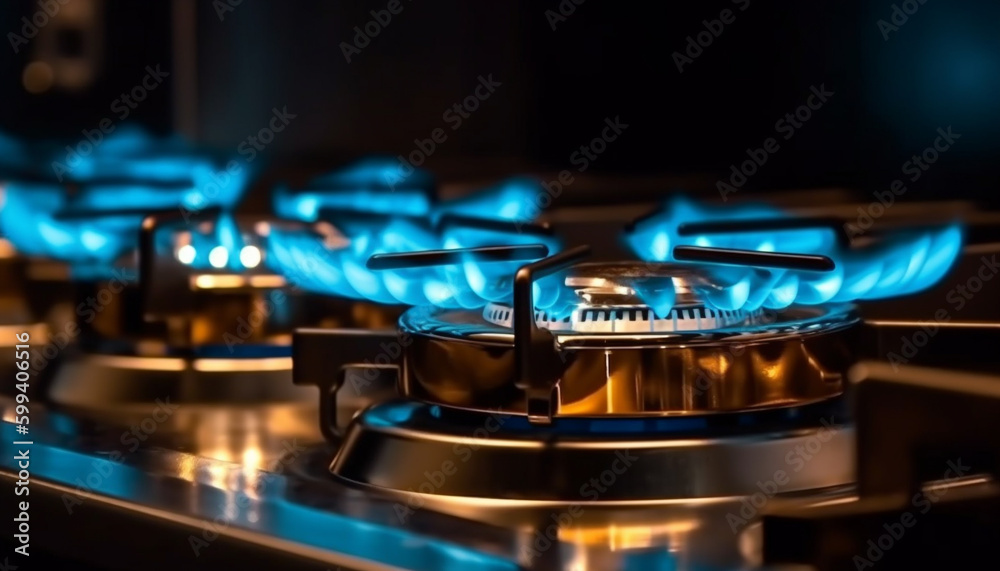 Glowing blue flame on stove top burner generated by AI