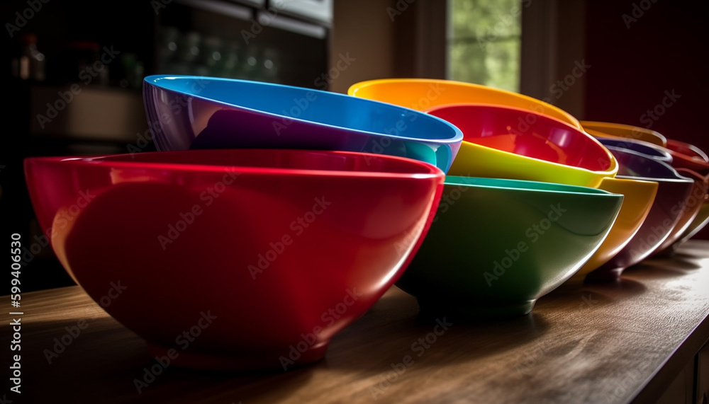 Vibrant colored crockery stack on wooden table generated by AI