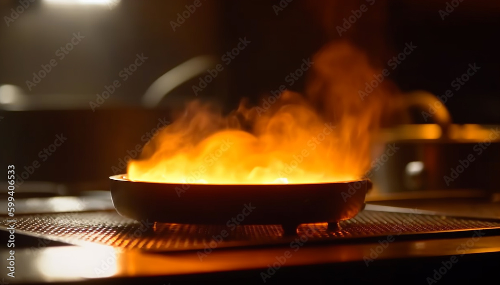 Gourmet meal cooking on glowing cast iron generated by AI