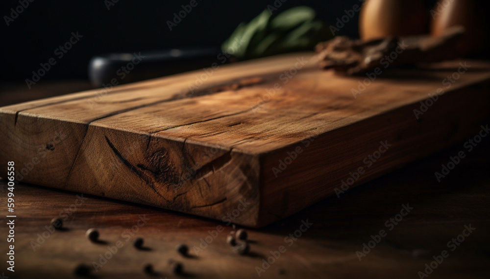 Rustic cutting board on wooden table surface generated by AI