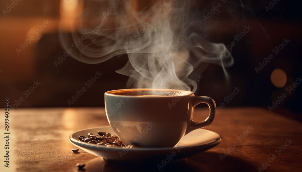 Steam rises from fresh cappuccino on wooden table generated by AI