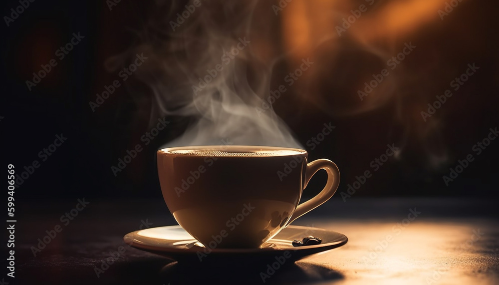 Hot coffee steam rises from wooden table generated by AI