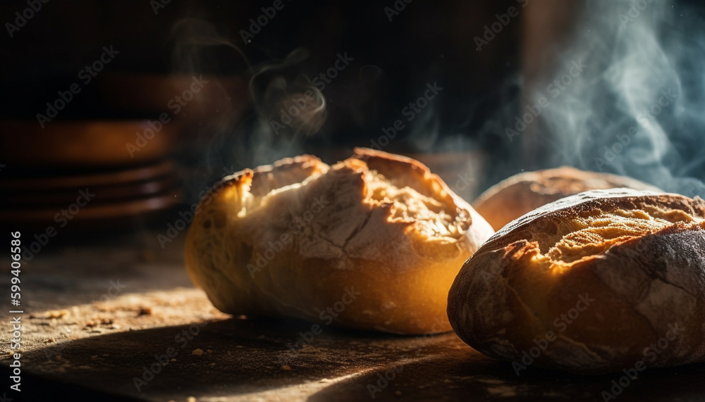 Baked bread on rustic table, natural heat generated by AI