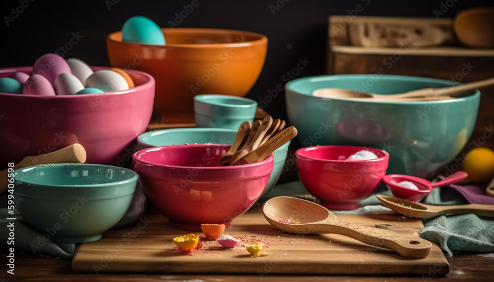 Wooden spoon mixes flour in rustic bowl generated by AI