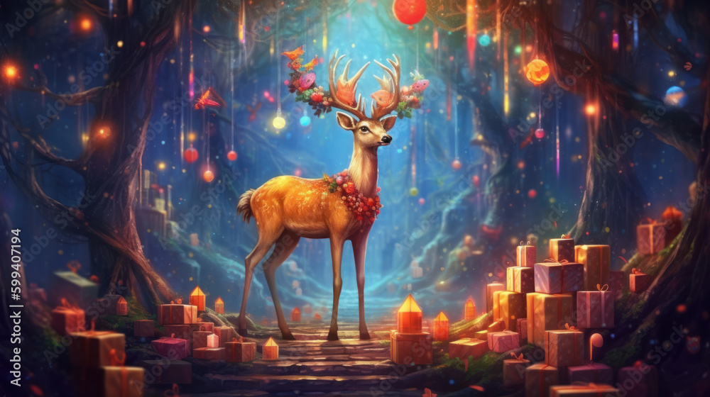 Magic Christmas forest with deer. Illustration AI Generative.