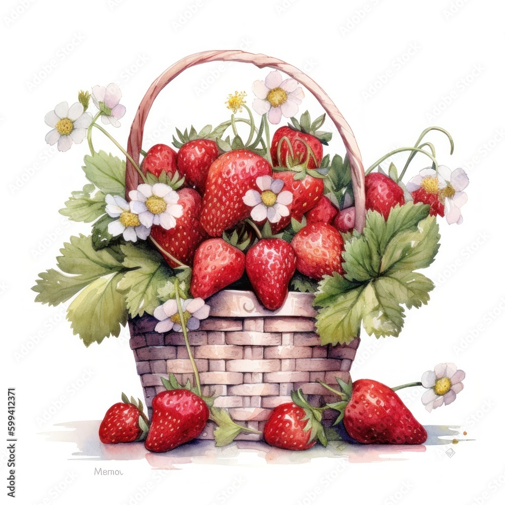 Watercolor strawberries in basket. Illustration AI Generative.