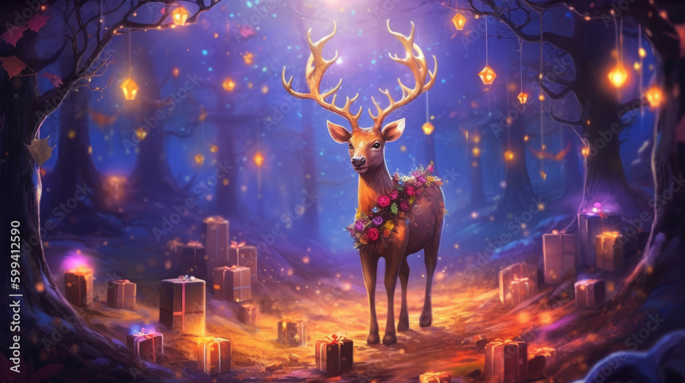 Magic Christmas forest with deer. Illustration AI Generative.