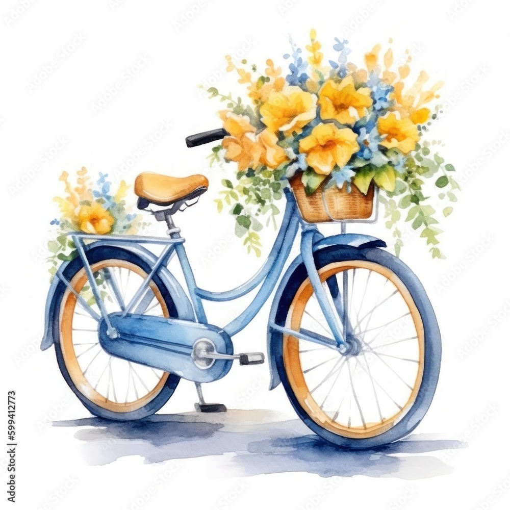 Cute watercolor bicycle with flowers. Illustration AI Generative.