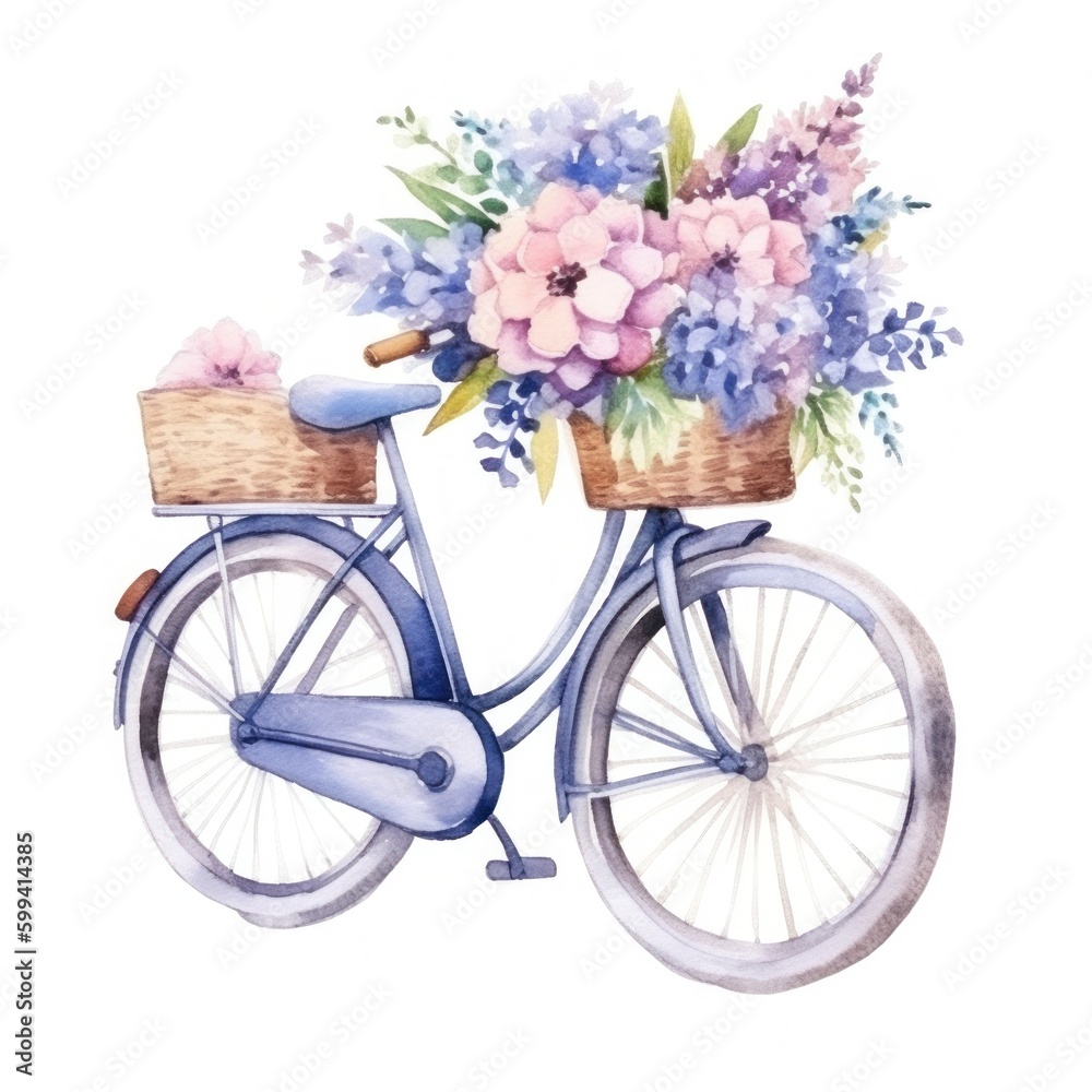 Cute watercolor bicycle with flowers. Illustration AI Generative.