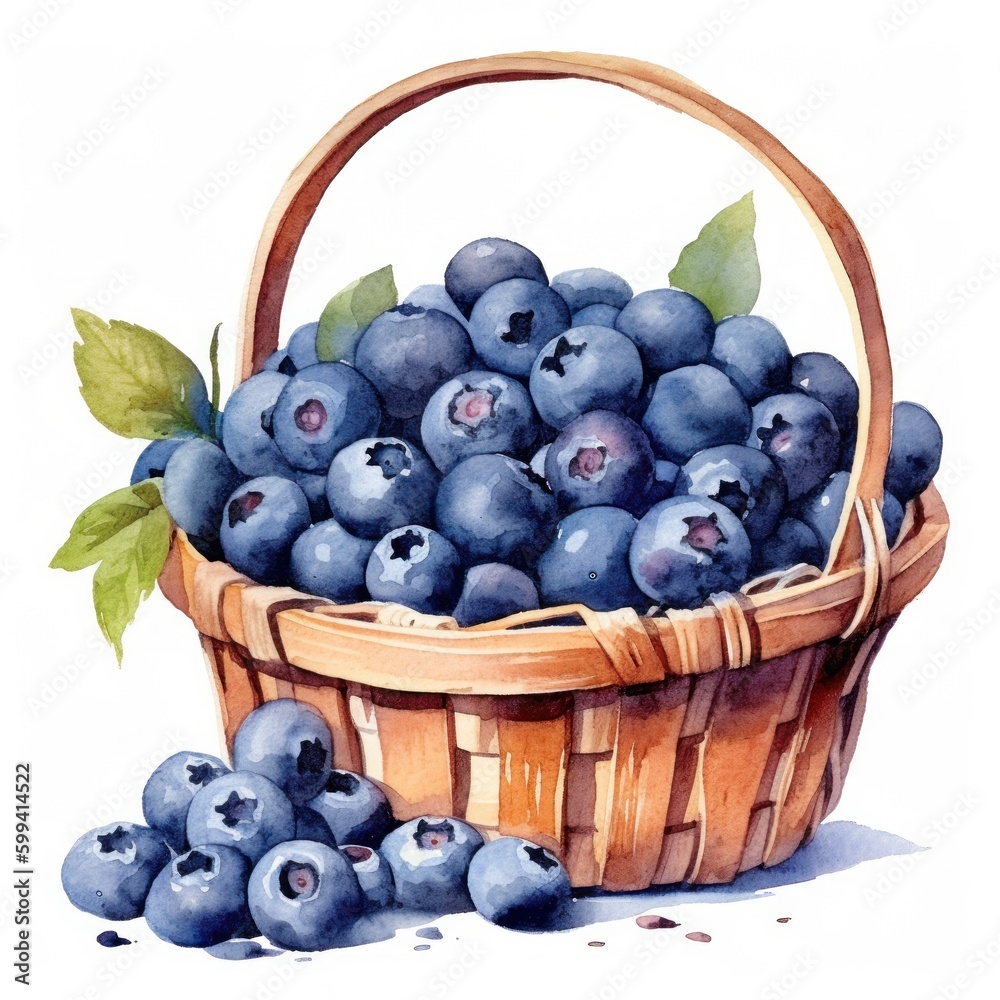 Watercolor blueberries in basket. Illustration Generative AI.