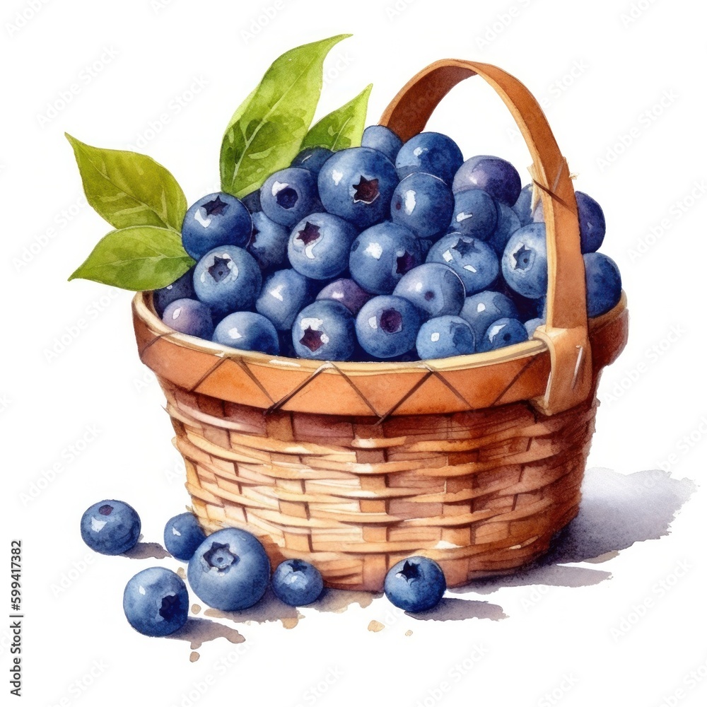 Watercolor blueberries in basket. Illustration Generative AI.