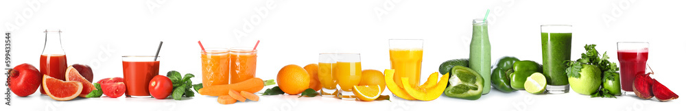 Set of different smoothies with ingredients on white background