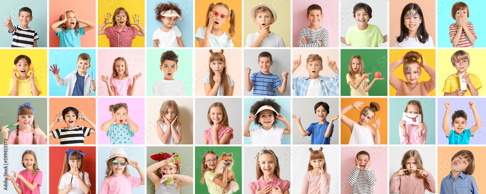 Set of different cute children on color background