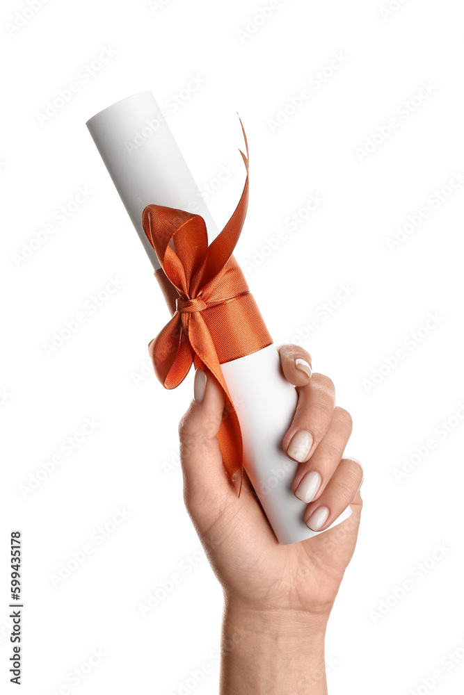 Woman holding diploma with ribbon on white background