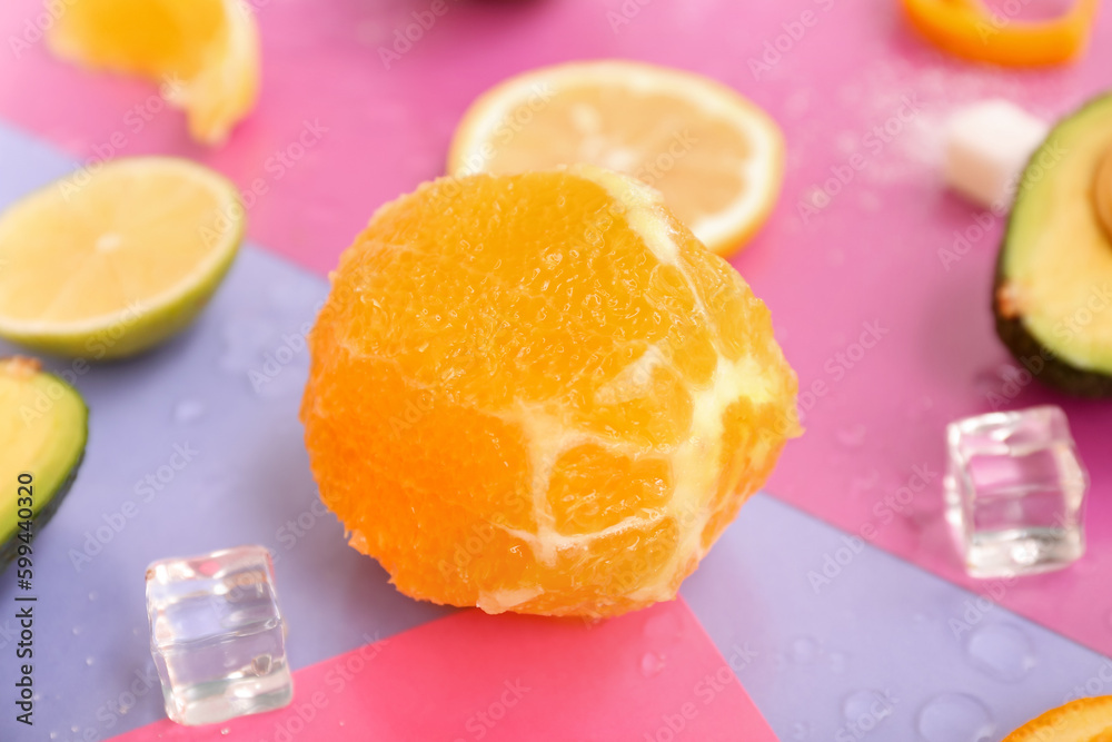 Composition with fruits, ice cubes and sugar cubes on colorful background