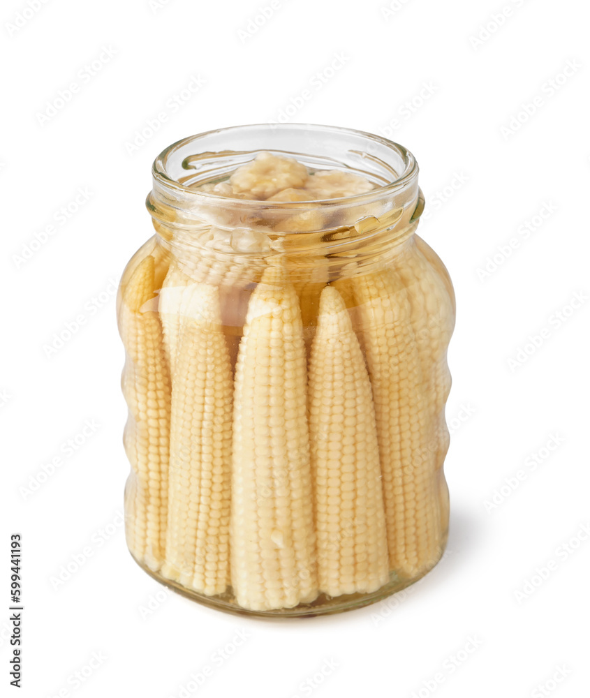 Jar of tasty canned corn cobs on white background