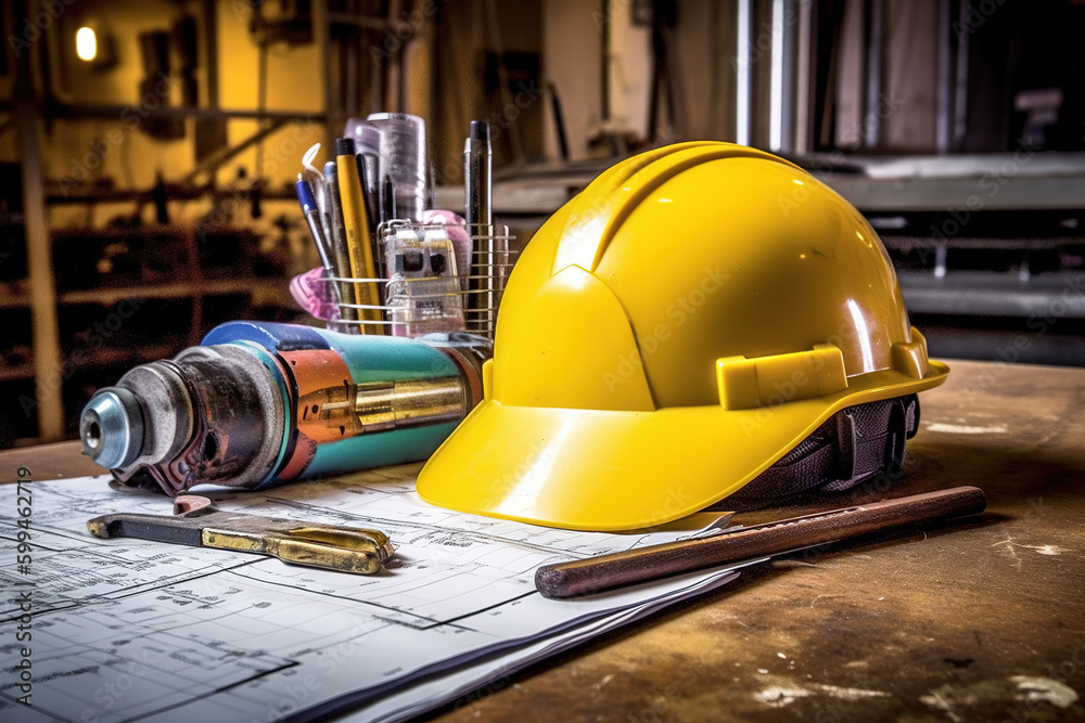 Engineers helmet and computer drawing equipment