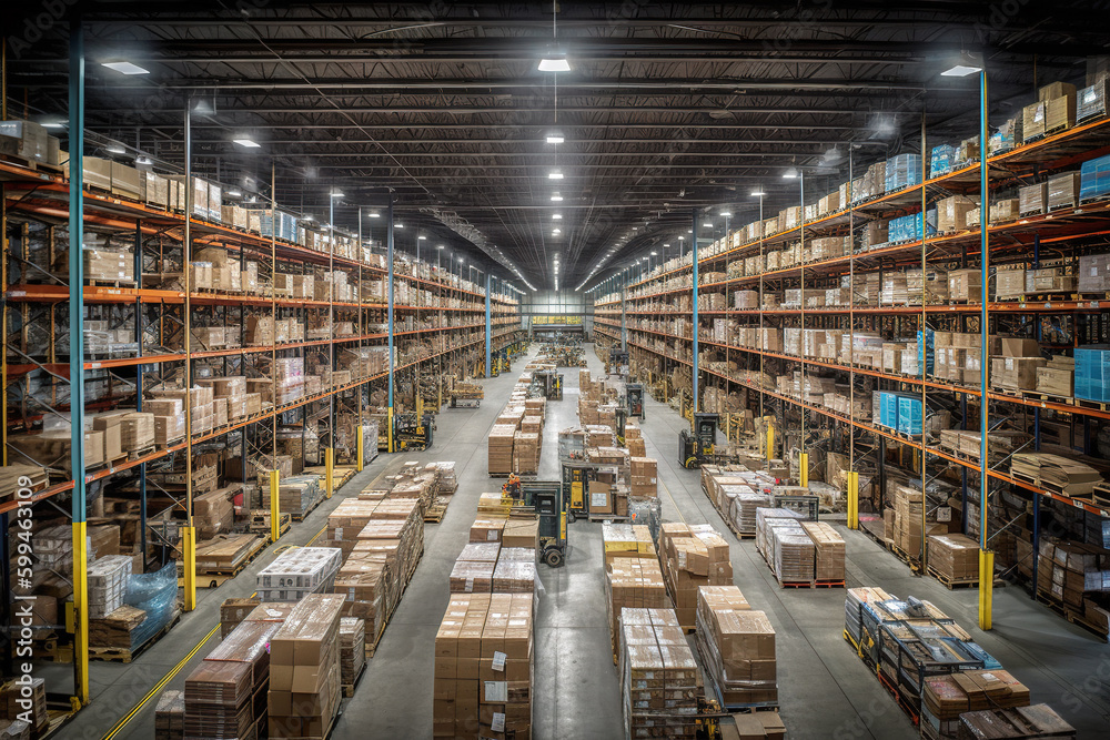 Rows of shelves with goods boxes in modern industry warehouse store at factory warehouse storage