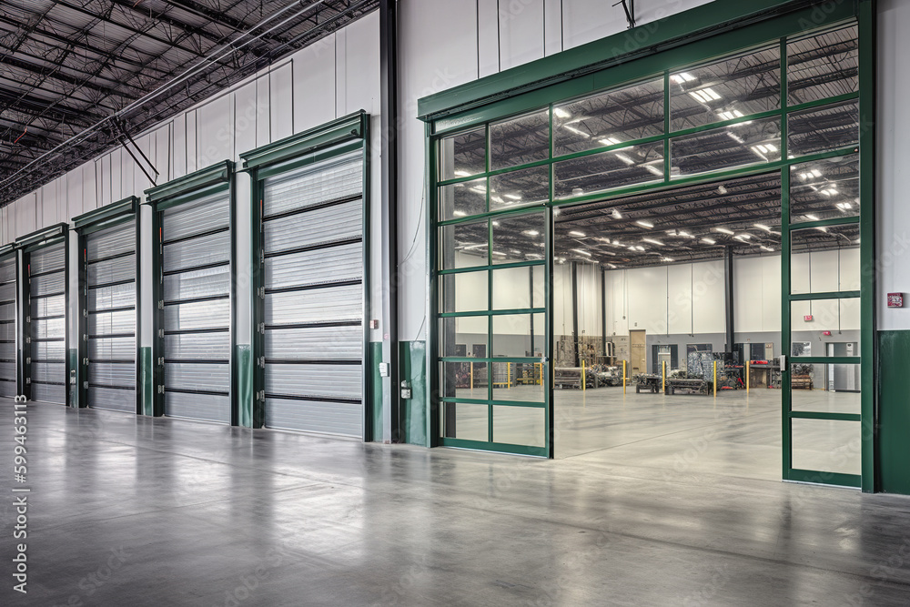 Rows of shelves with goods boxes in modern industry warehouse store at factory warehouse storage