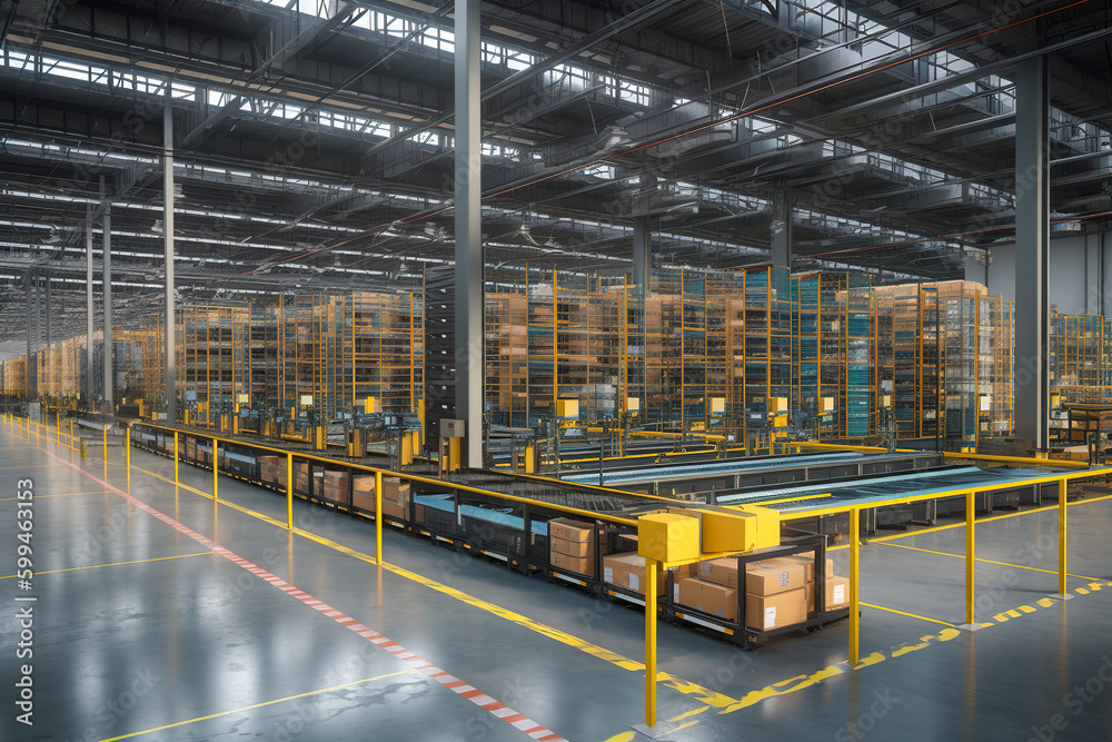 Rows of shelves with goods boxes in modern industry warehouse store at factory warehouse storage