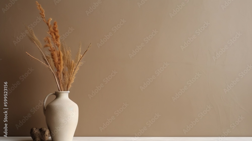 Vase with decorative dry plant branch against beige wall background. Minimalist interior mockup. Gen