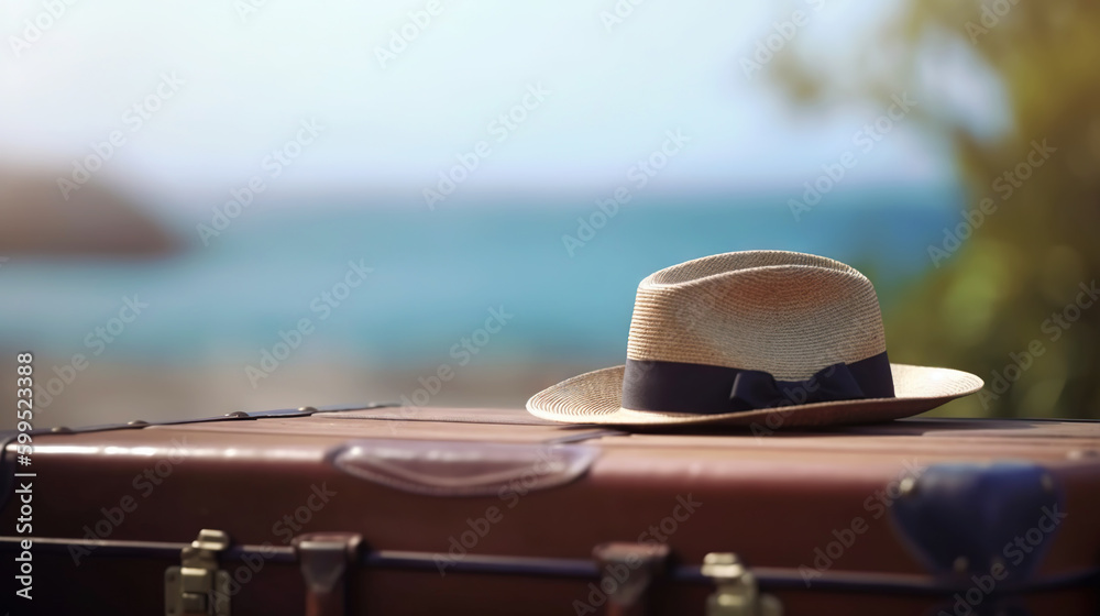 Suitcase, hat and accessories on the wooden floor with a sea background. Travel concept. Generative 