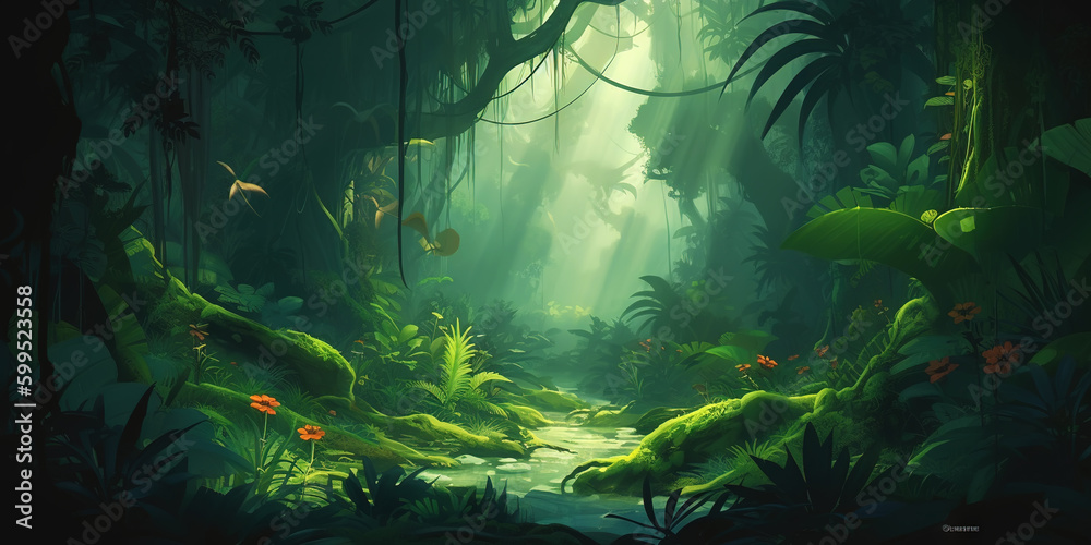 Deep tropical jungles. Dense forest landscape. Generative AI