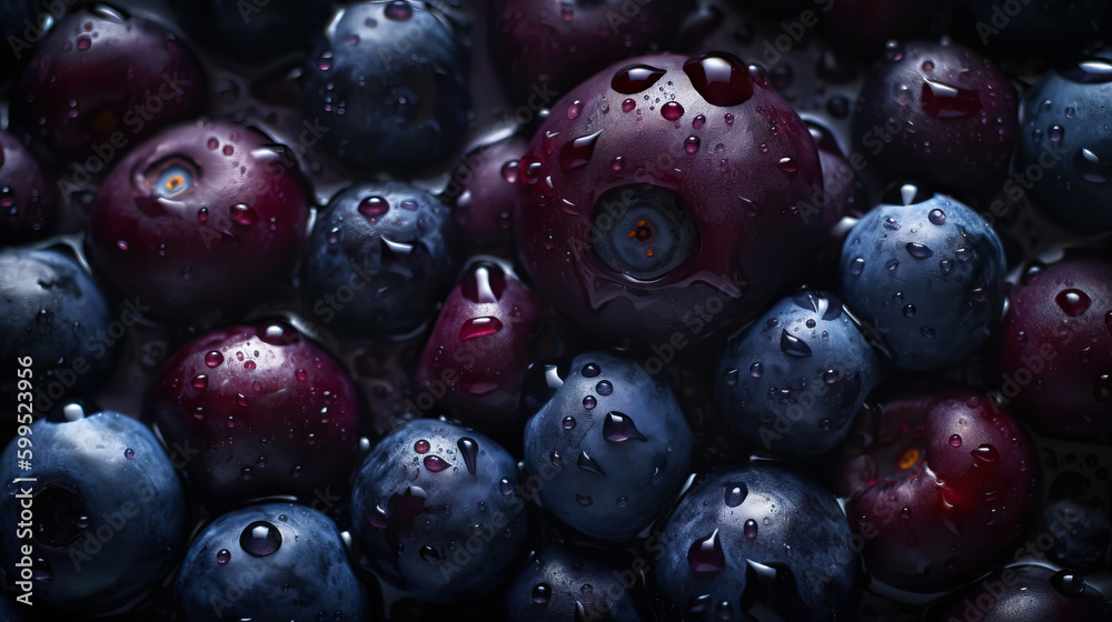 Fresh ripe huckleberry with water drops background. Berries backdrop. Generative AI