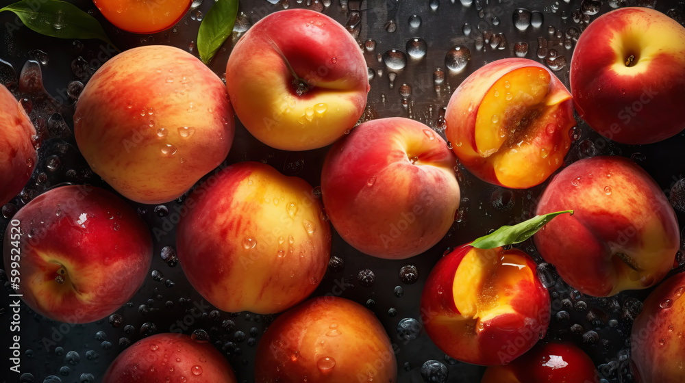 Fresh ripe peaches with water drops background. Fruits backdrop. Generative AI