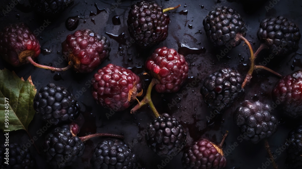 Fresh ripe mulberry with water drops background. Berries backdrop. Generative AI