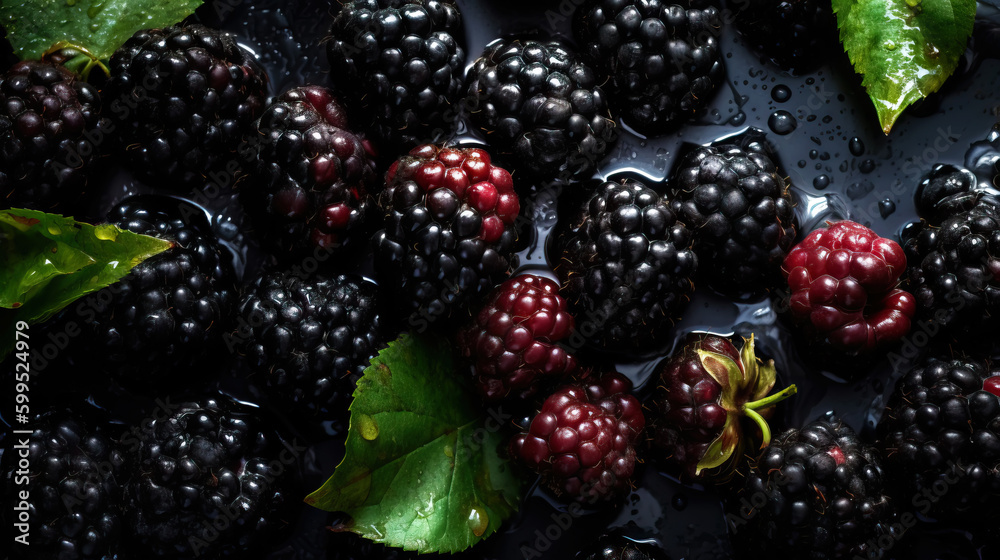 Fresh ripe blackberries with water drops background. Berries backdrop. Generative AI