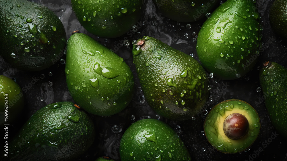 Fresh ripe avocados with water drops background. Fruits backdrop. Generative AI