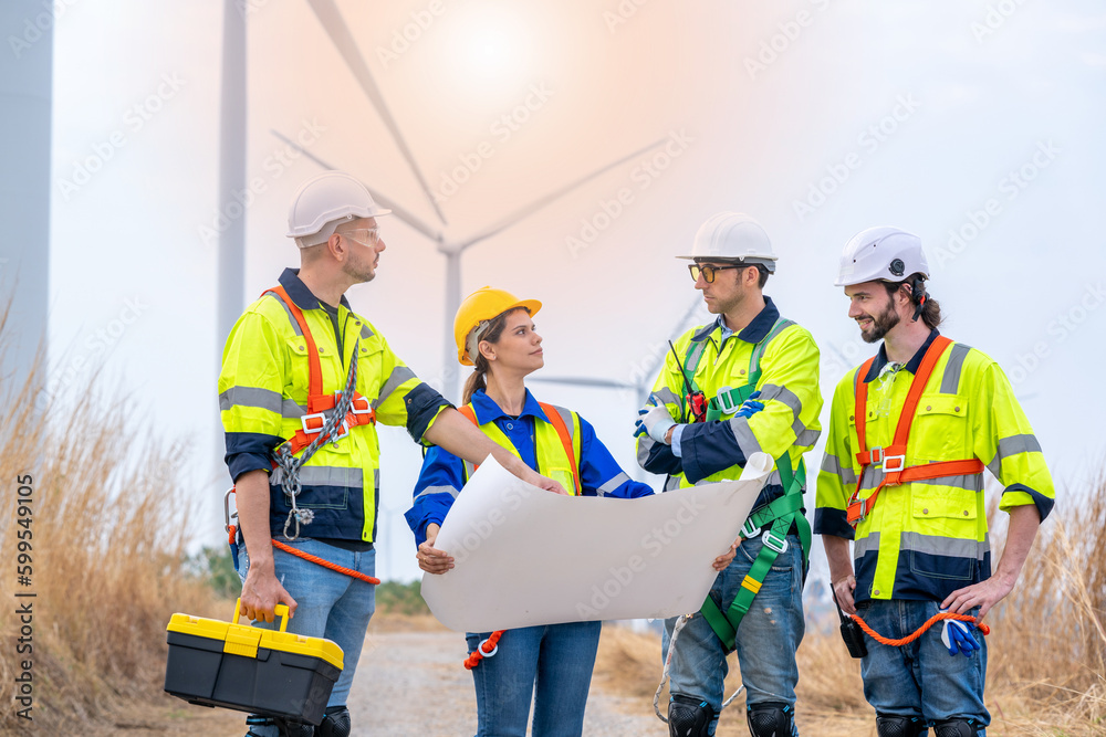 Electrical engineer checking on wind turbine energy production,Concept of alternative energy and ser