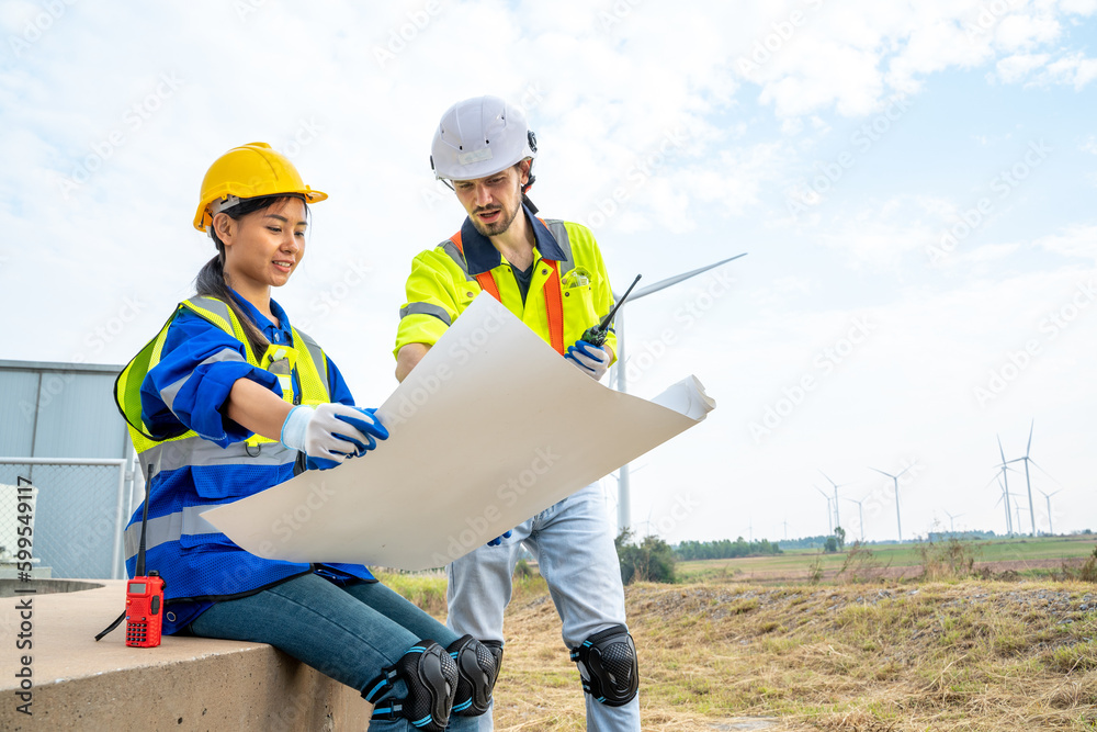 Engineer working at renewable energy farm,Inspector controlling functioning of wind turbines outdoor