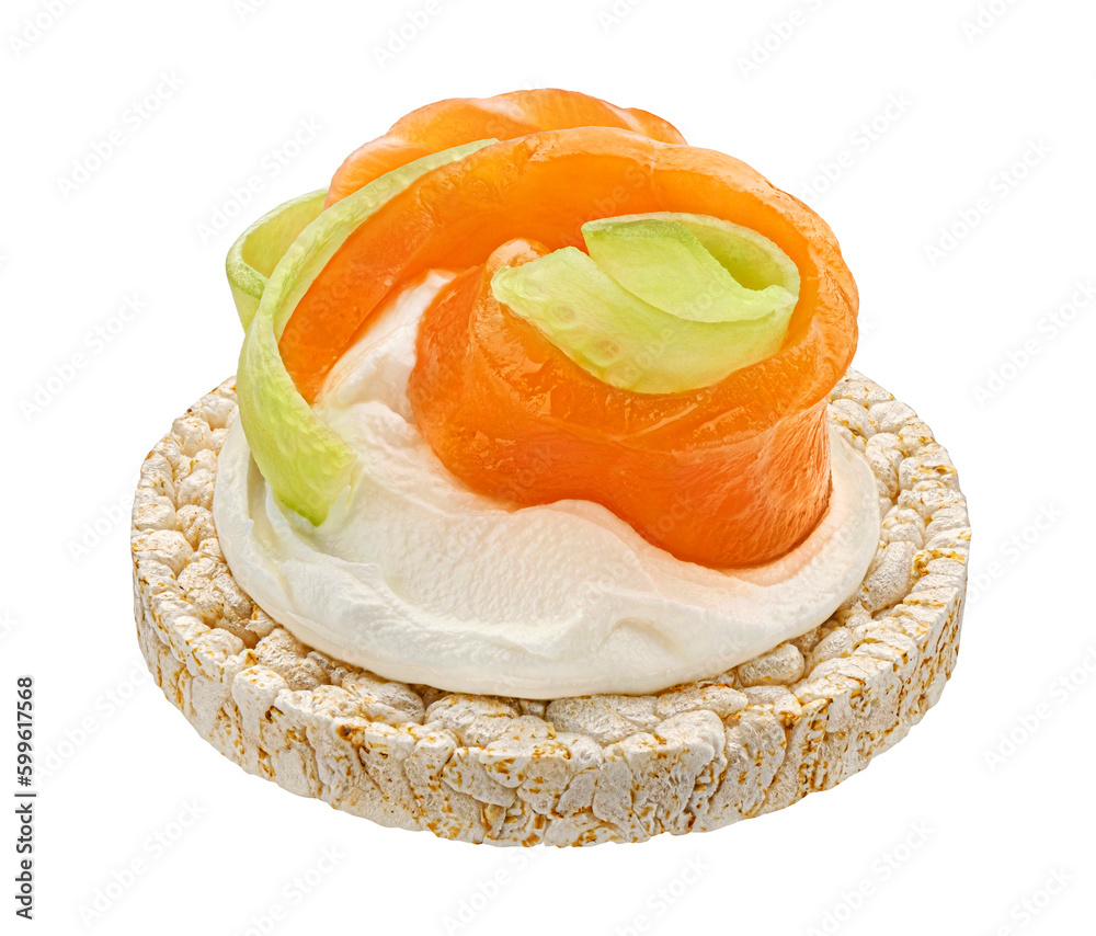 Puffed rice cake with smoked salmon isolated on white background