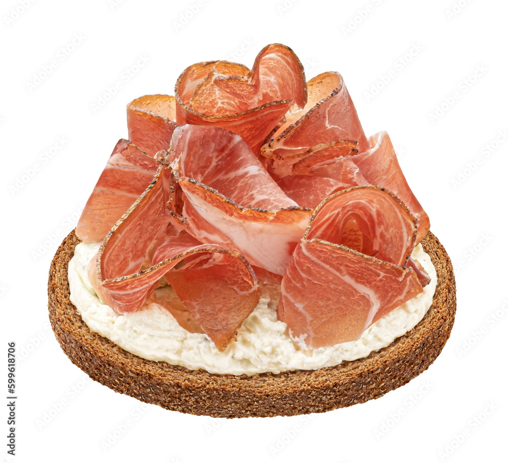 Italian prosciutto crudo bruschetta isolated on white background