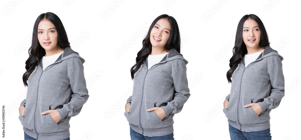 Portrait beautiful Asian woman in hoodie sweatshirt and blue jeans isolated over cyan background