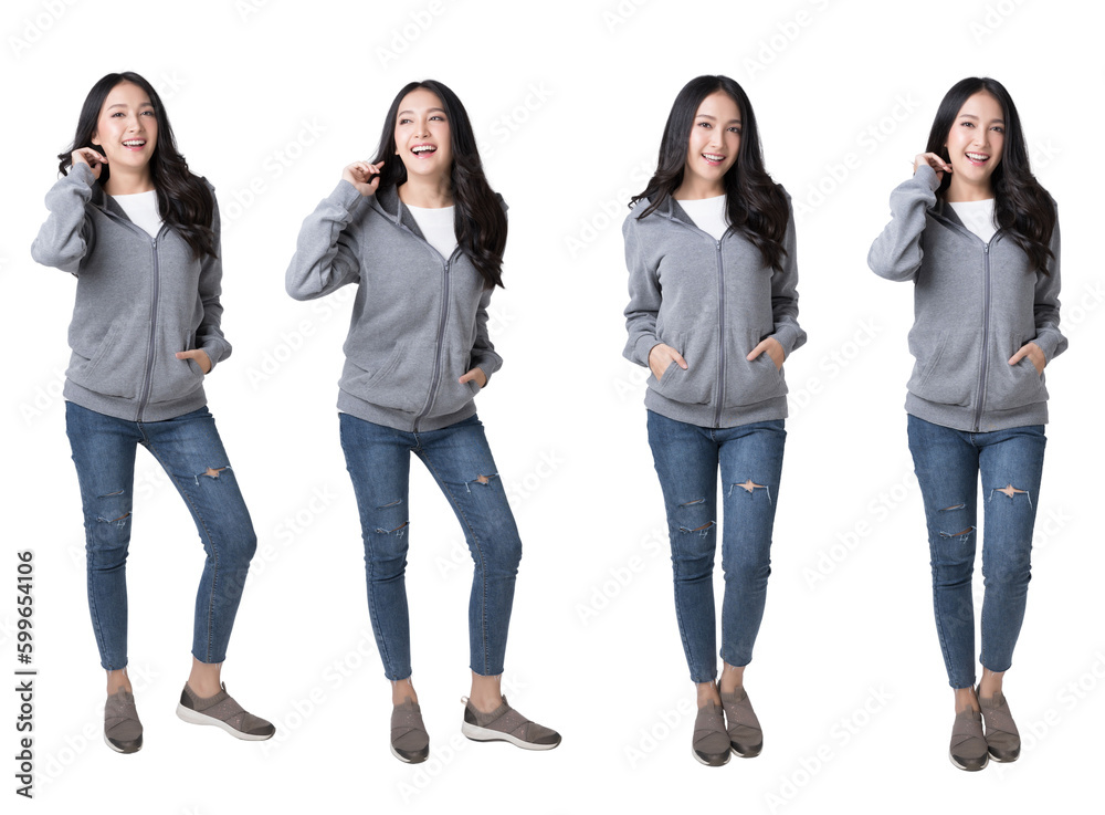 Full length portrait of young beautiful Asian woman in hoodie sweatshirt and blue jeans isolated ove