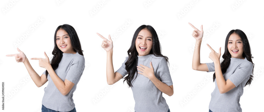 Young Asian woman pointing fingers to empty space Isolate die cut on transparent background