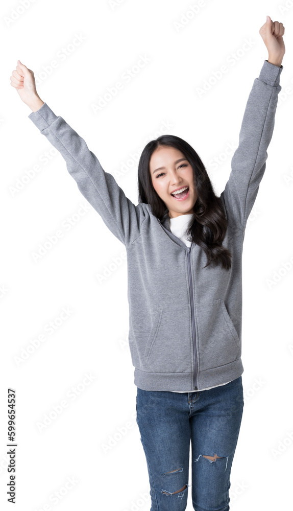 Young Asian cheerful excited girl say yes, looking happy and celebrating victory rejoice success fis