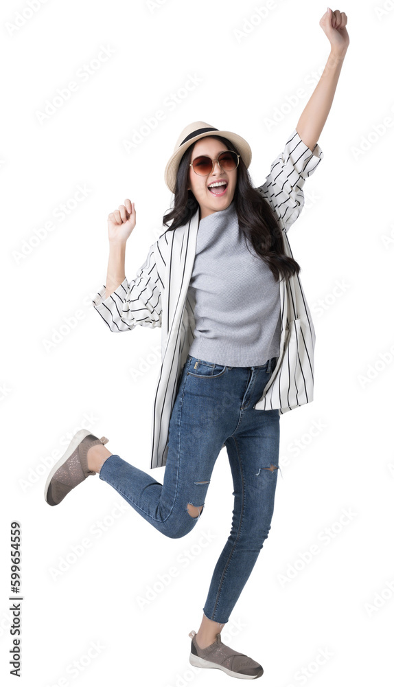 Full length portrait of young beautiful Asian woman in sun hat and sunglasses, Isolate die cut on tr