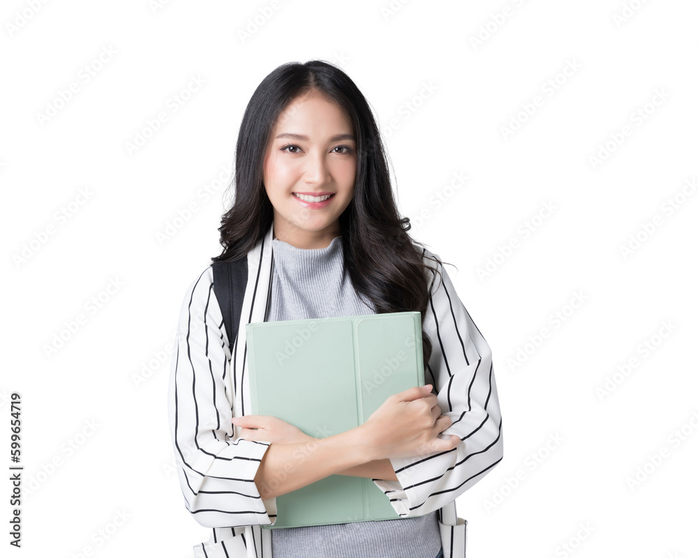 Young Asian girl college student with tablet and backpack Isolate die cut on transparent background